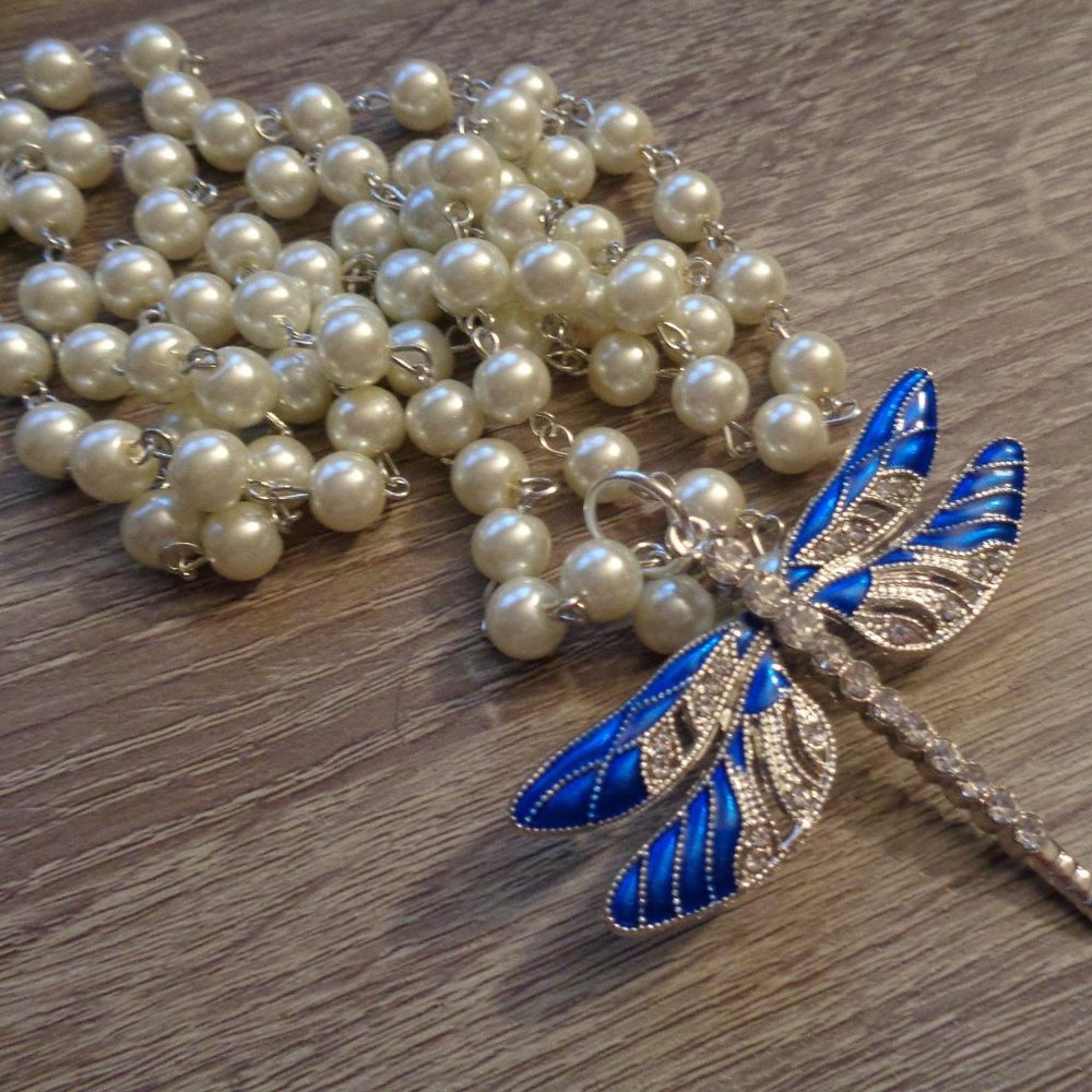 Blessed Moon Artifacts Blue and Cream Dragonfly Pearl Necklace